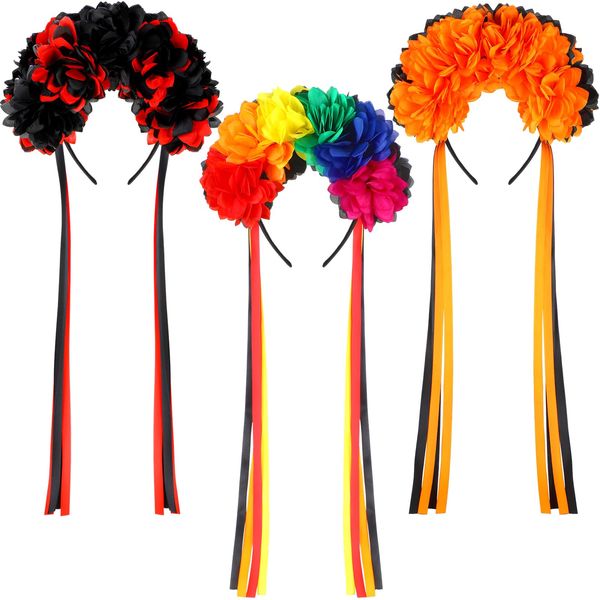 Riceshoot 3 Pcs Halloween Flower Headband Day of the Dead Floral Headband Mexican Flower Crown Headband Halloween Festival Wedding Headband for Women Girls Halloween Masquerade Bridal Party Dress up