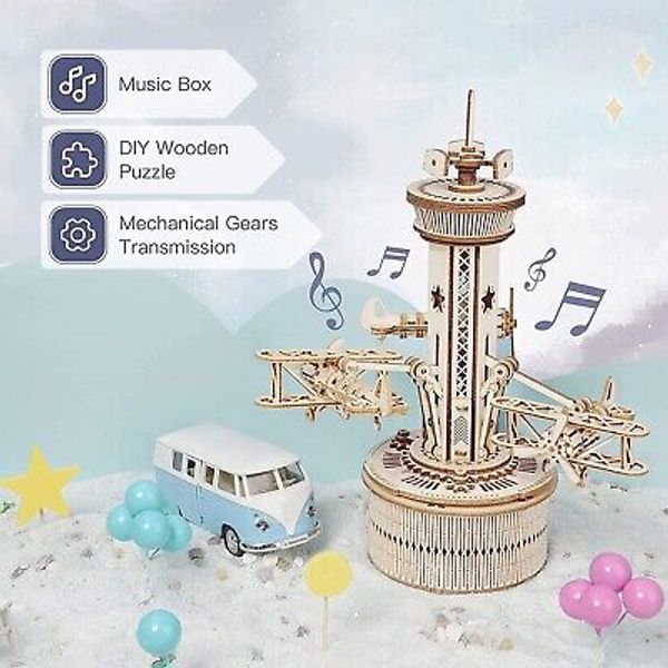 ROKR 3D Wooden Puzzle Airplane Control Tower Model Kit DIY Mechanical Music Box