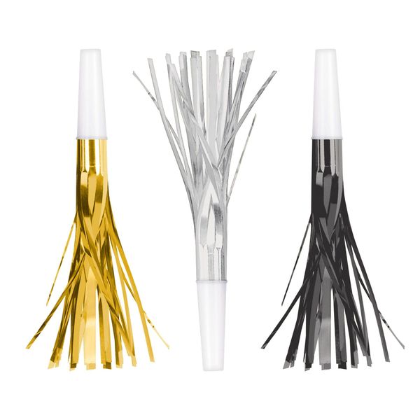 Stunning Black, Silver & Gold Foil New Year's Squawkers - 7" (Pack of 8) -Festive Noisemakers, Perfect for Unforgettable Celebrations, Parties, and New Year's Eve