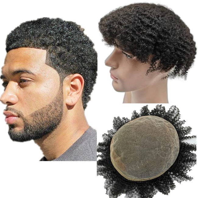 NLW Afro Toupee for men Afro curl Hair pieces for mens Human hair replacement system 8x10" lace hair units Jet Black color