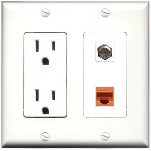 RiteAV - 15 Amp Power Outlet and 1 Port Coax Cable TV- F-Type and 1 Port Cat5e Ethernet Orange Decorative Type Wall Plate White