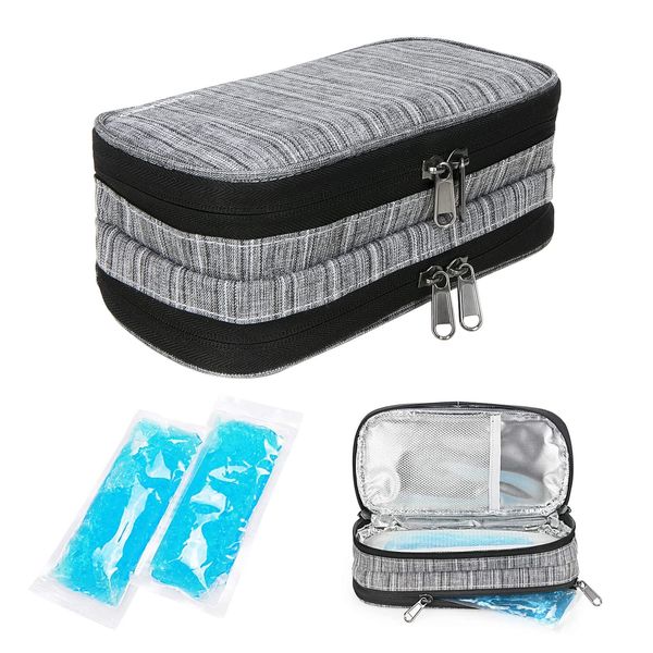 YOUSHARES Insulin Cooler Travel Case, Double Layer Handy Medication Insulated Diabetic Carrying Cooling Bag for Insulin Pen, Glucose Meter and Diabetic Supplies with 2 Cooler Ice Pack (Grey)