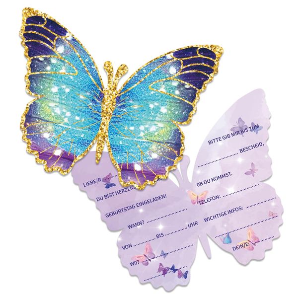 Werfunee - 12 Stück Einladungskarten Kindergeburtstag Mädchen - 14 x 11 cm Schmetterlingen Einladungskarten Geburtstag - Einladung Kindergeburtstag Mädchen - Geburtstagseinladungen Mädchen