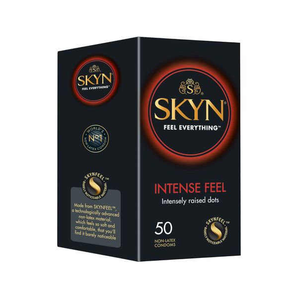 SKYN Intense Feel Condoms Pack of 50 / Skynfeel Latex Free Condoms for Men, Regular Size Condoms, Thin Condoms, Ribbed and Dotted Straight Shape, 53mm Wide