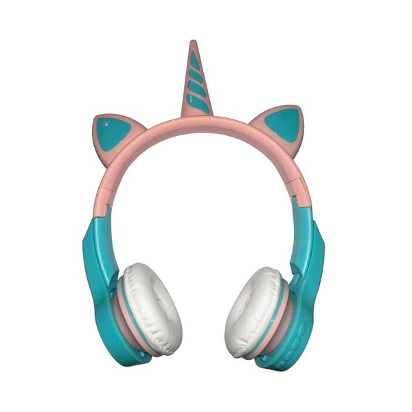 Amzberks Wireless Gaming Headset, Unicorn Ear LED Lighting Cat Ear Gaming Headset, Bluetooth 5.0, Foldable Headphones with Noise Cancelling Microphone for Adults or Children (Pink_Blue)