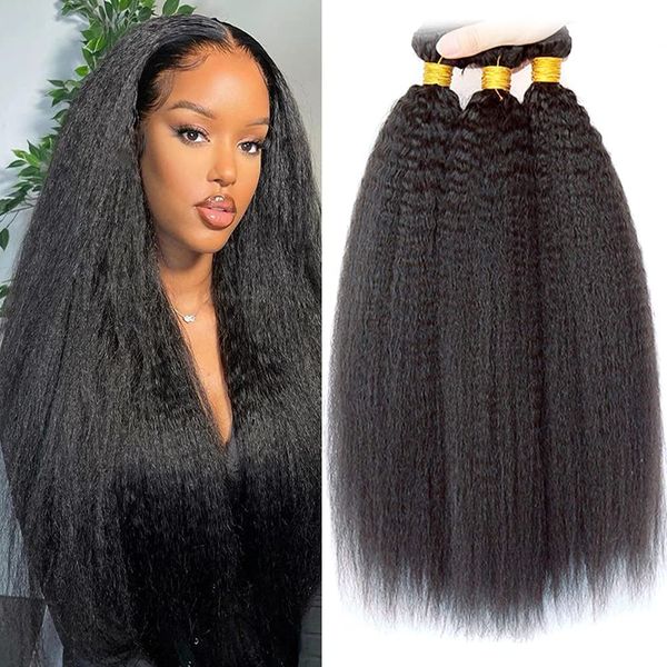 Ladiary Brazilian Hair Bundle Kinky Straight Human Hair 3 Bundles 14 16 18 Inch Yaki Straight Hair Weave 100% Unprocessed Virgin Human Hair Extensions Kinkys Straight Hair Weave Natural Black Color