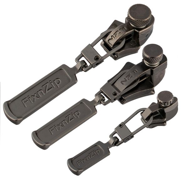 FixnZip Small Medium Large Black Nickel Replacement Zipper Slider Zip Puller 3 Pack
