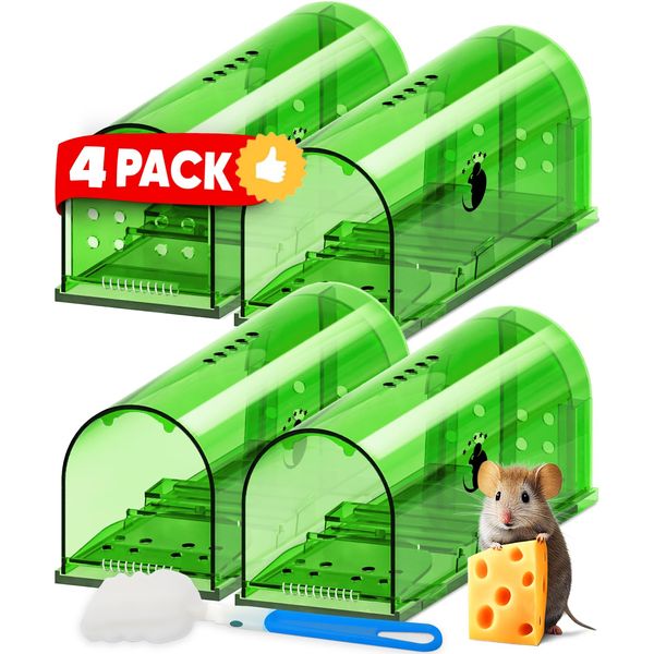 Motel Mouse Humane No Kill Live Catch and Release Mouse Traps, Reusable with Cleaning Brush - 4 Pack