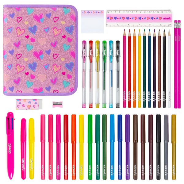 abeec 44 Piece Glitter Pencil Case – Girls Stationery Set Including: Pencil Case, Felt Tip Pens, Colouring Pencils, Gel Pens – Stationary Sets for Girls - Back to School - Cute Gifts for Girls