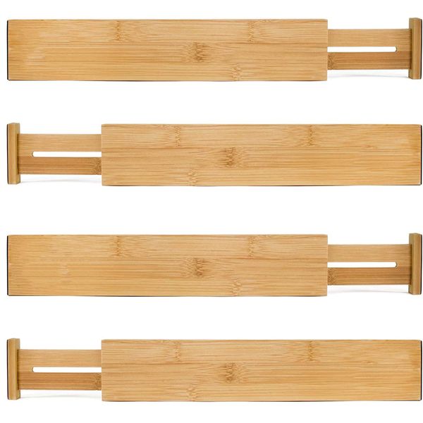 MEKBOK 4-pack Bamboo Kitchen Drawer Divider, Adjustable Drawer Storage, Spring loaded, Suitable for kitchens, Dressing tables, Bathrooms, bedrooms, Drawers, Desks