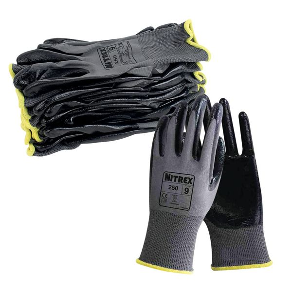 Nitrex 250 Work Gloves - General Handling Safety Gloves, Abrasion Resistant Nitrile Palm Coating, Polyester Liner, Enhanced Grip, Mechanical and Industrial Protection - 10 Pairs - Size 7