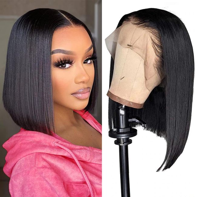 Bob Wig Human Hair 13x4 Frontal Lace Wig Human Hair 180 Density Glueless Pre Plucked with Baby Hair Straight Bob Wigs for Black Women 180% Density Pre Plucked Natural Color 12 inch