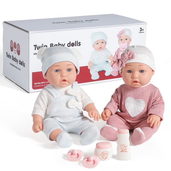 Enjoyin 12'' Twins Baby Doll Playset with Accessories Includes Boy and Girl Dolls, 2 Powder Bottles, and 2 Pacifiers, Ideal Gift for Children Age 3+