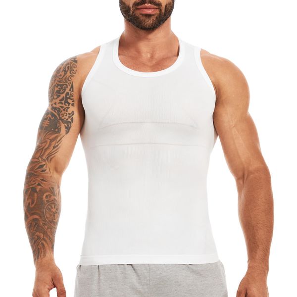 SLIMBELLE Unterhemd Herren Ärmellos Kompressionsshirt Figurformende Bauchweg Unterwäsche Unterziehshirt Body Shaper Tight Elastische Weste Schlank Miederbody Taillenformer Top Männer Weiß M