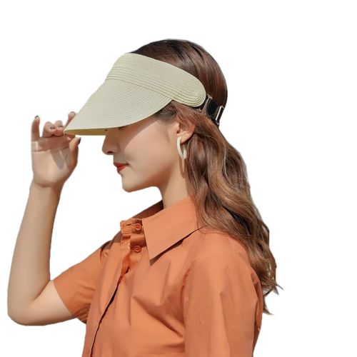 SIPEIEN Sun Hat Women's Straw Hat Visor Cap Summer UV Protection with Wide Brim Adjustable Visor Hat Roll-Up UPF50+ Ponytail Cap for Women Pink, Light Beige