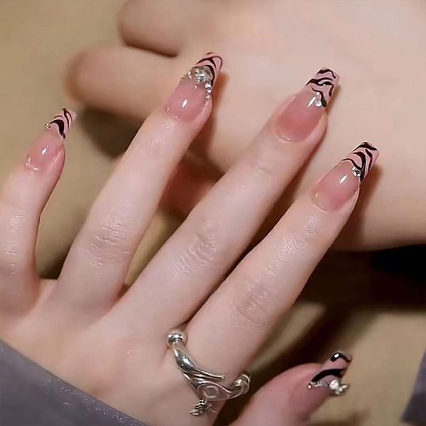 24 spotted horse pattern and crystal French style square long fake nail