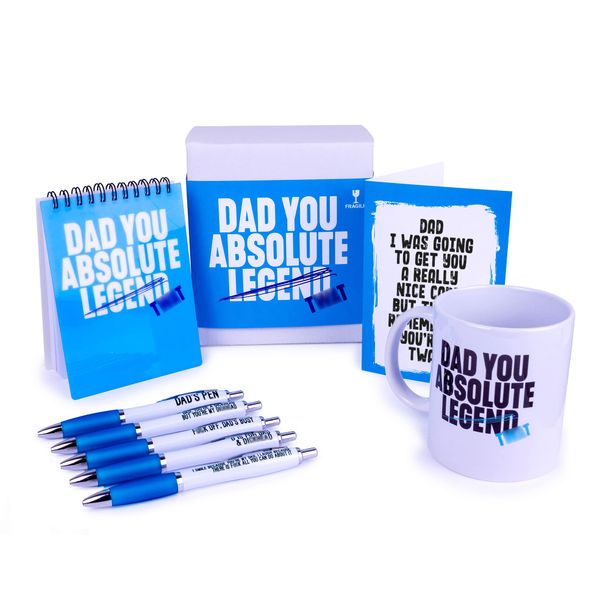 Funny Rude Dad Gift Bundle, Father's Day, Includes Mug, Pen Set, Card and Notebook