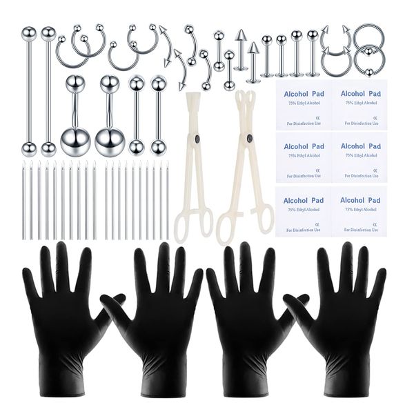 58PCS Body Piercing Kit Surgical Steel 14G 16G BCR CBR Labret Lip Rings Cartilage Daith Earrings Belly Button Rings Nose Septum Piercing Jewelry Needles Gloves Clamps Tools