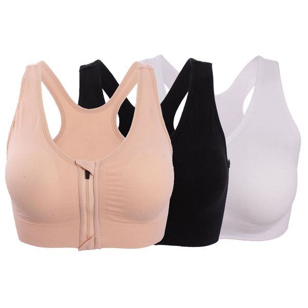 ohlyah Women's Zipper Front Closure Sports Bra Racerback Yoga Bras 3 Pack L