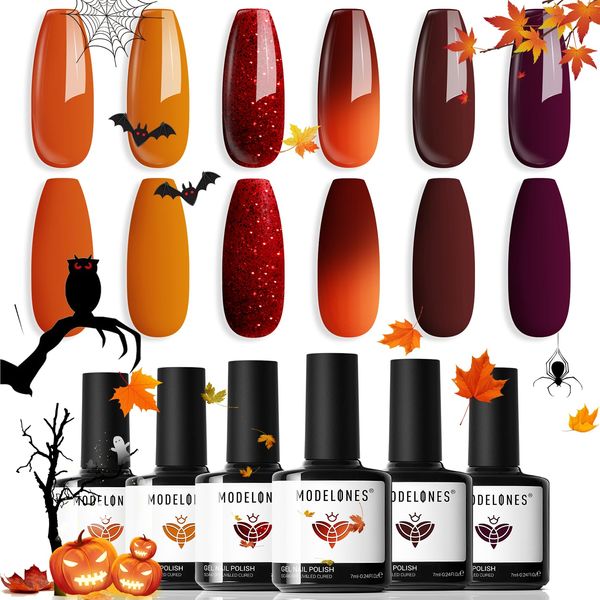 Modelones Gel Nail Polish Set 6 Colors, Fall Brown Glitter Red Orange Burgundy Turkey Pumpkin Color Changing Gel Polish Kit Halloween Nails Soak Off Nail Art Manicure Home Gift for Women Girl