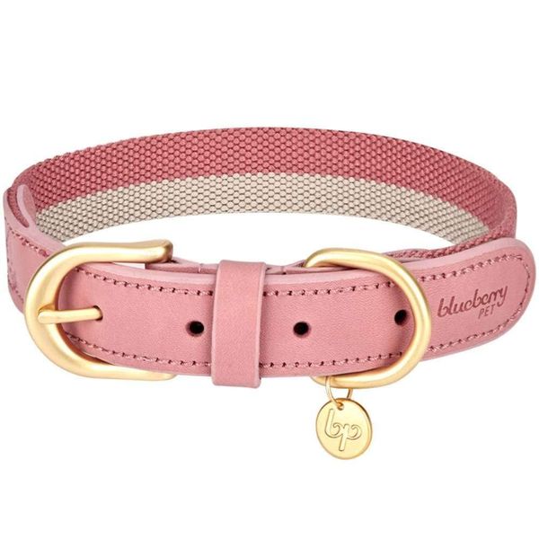 Blueberry Pet Soft & Comfy Genuine Full Grain Leather & Polyester Combo Adjustable Dog Collar - Classic Staple Striped in Pink and Grey, Small, Neck 12"-15"