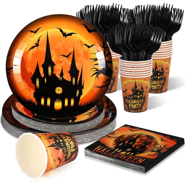 Teenyyou 120 Pcs Halloween Party Supplies Serves 24 Includes 24 Pcs 7" Halloween Party Plates 24 Pcs 9" Paper Plates 24 Pcs Cups 24 Pcs Napkins 24 Pcs Plastic Forks Castles Halloween Party Decorations