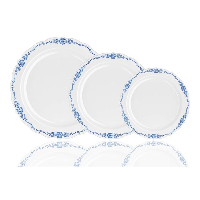 60 Pcs Disposable Plastic Plates | Victorian Design Premium Disposable Plates | 7.5 inch. White & Navy China Like Plastic Plates For Parties & Weddings