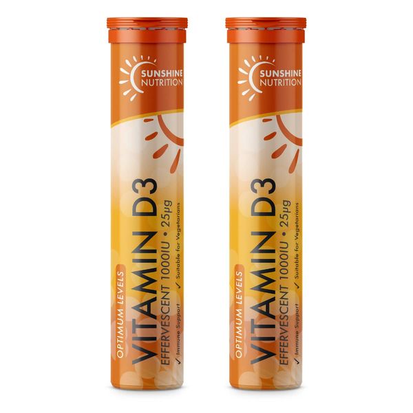 Sunshine Nutrition Vitamin D Effervescent Tablets - Dissolvable High Strength Vitamin D3-20 Vitamins Per Tube (2 Pack)