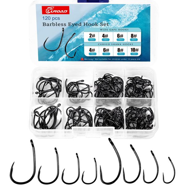 Luroad 120pcs Carp Barbless Fishing Hooks, Wide Gape and Curved Shank Eyed Hooks Size 2, 4, 6, 8, 10 for Freshwater Saltwater, Comes in a Tough Tackle Storage Box