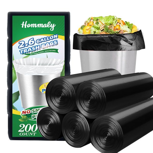 Hommaly 2.6 Gallon 200 pcs Small Black Trash Bags, Strong 2.5 Gallon Garbage Bags, Bathroom Trash Can Bin Liners, Mini Plastic Bags for Office, Waste Basket Liner, Fit 6-10 Liters, 2-2.6 Gal-Black