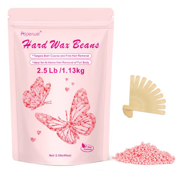 Wax Beads for Hair Removal, Auperwel 2.5lb Hard Wax Beads for Sensitive Skin with 20 Sticks, Waxing Beans for Brazilian, Bikini, Eyebrow Waxing, Painless Refill Pearl Beads for Wax Warmers Kit (Rose)