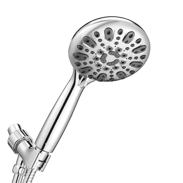 Handheld Shower Head, 6 Spray Setting High Pressure Shower Head with Brass Swivel Ball Bracket and Extra Long Stainless Steel Hose, Chrome, 5"