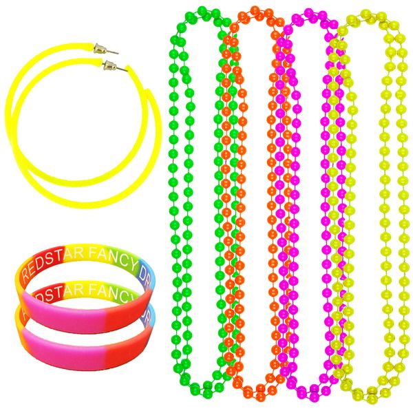 Neon Party 80s Hoop Earrings 4 Pack Neon Necklace Beads And Multicoloured Wristbands - Rave Disco Hen 1980s Fancy Dress Set Neon Accessories Hen Party (Yellow)