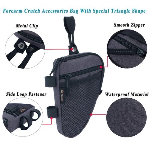 Forearm Crutch Bag Lightweight and Waterproof Forearm Crutch Accessories Storage Pouch with Triangle Shape, Universal Crutch Accessories Bag with Mesh Pocket to Organize Daily Essentials (Dark Grey)