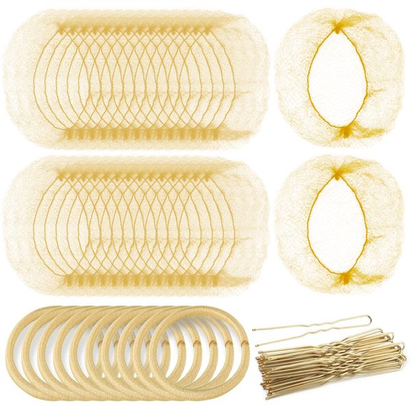 30pcs Blonde Invisible Hair Nets with 40pcs Hair Pins & 10pcs Hair Bands, Teenitor Elastic Edge Mesh Hair Nets for Bun in Individual Package, Gold U Shape Bobby Pins for Ballet Dancers Nurse Women