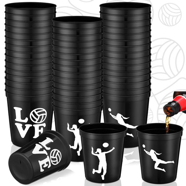 Zhehao 30 Pcs Sport Ball Plastic Cups Hockey Football Basketball Plastic Cups Bulk Reusable Drink Cups 16 oz Stadium Cups Stackable Sports Cup for Sport Party Supplies (Black,Volleyball)