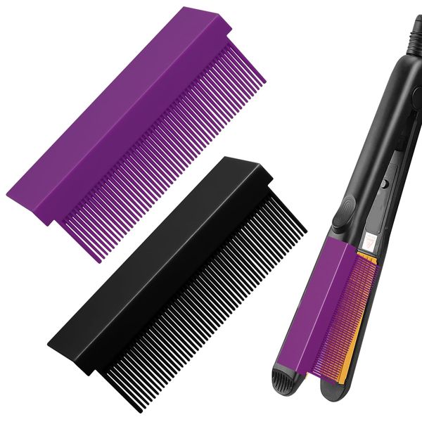 2Pcs Flat Iron Comb, Straightening Comb DIY Flat Iron Comb Attachment Clip on Comb Attachment for Flat Iron, Hair Straightener Comb Barber Hair Combs for Women, Barber Accessories(Black Purple)