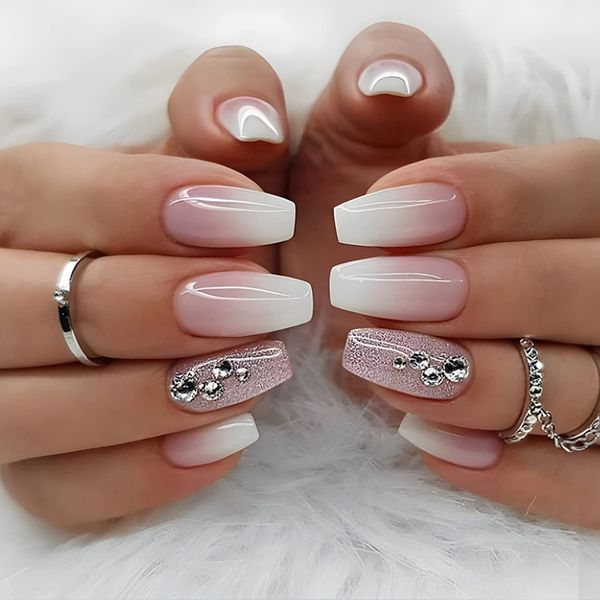 24 Stück Eckig Nägel Zum Aufkleben Kurz, Glänzend Rosa French Künstliche Nägel, Ballerina Natural Kunstnägel Press on Nails mit Strass Design, Square Fingernägel Fake Nails für Frauen und Mädchen