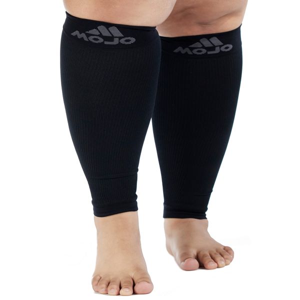 Large Mojo Calf Footless Compression Sleeves for Swollen Calves Women and Men - 20-30mHg (Black)