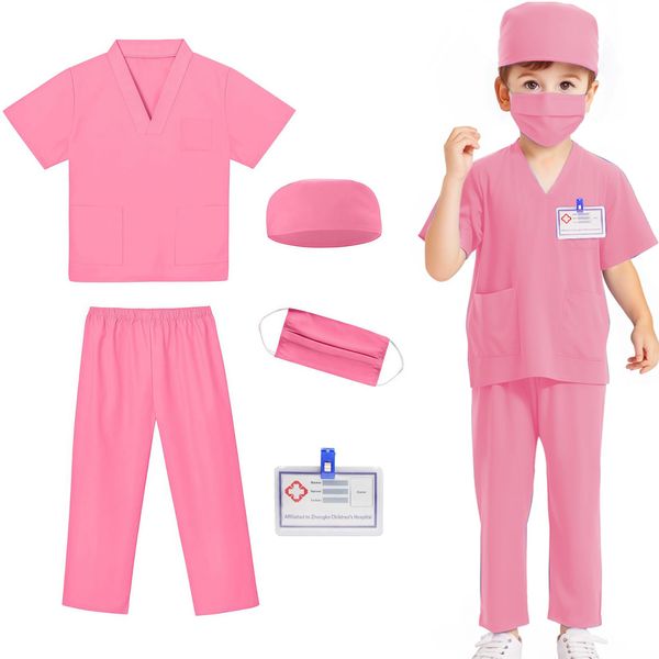 Mizzuco Doctor Costume for Kids,Toddler Nurse Scrubs Halloween Dress Up Cosplay For Boys Girls 3-12 Years (Pink, S-110CM/3-4yrs)