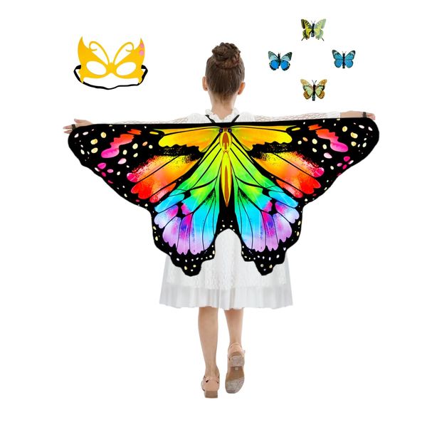 Niurui Kids Fairy Butterfly Wings Costume for Girls Halloween Toddler Dress Up Play Costumes with Butterfly Hair Clip Mask Christmas Party Favors Gifts（Rainbow）