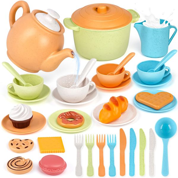 Dreamon Kids Tea Set for Toddlers, Pretend Play Childrens Afternoon Tea Set Play Food Toy Kitchen Accessories Gifts for Girls Boys 3 4 5 Years Old