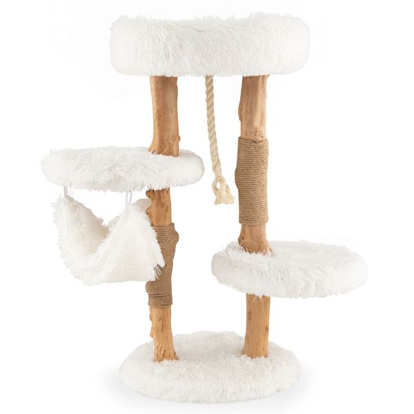 34" Tall Wooden Cat Tree Solid Wood Cat Tower with Jute Scratching Posts