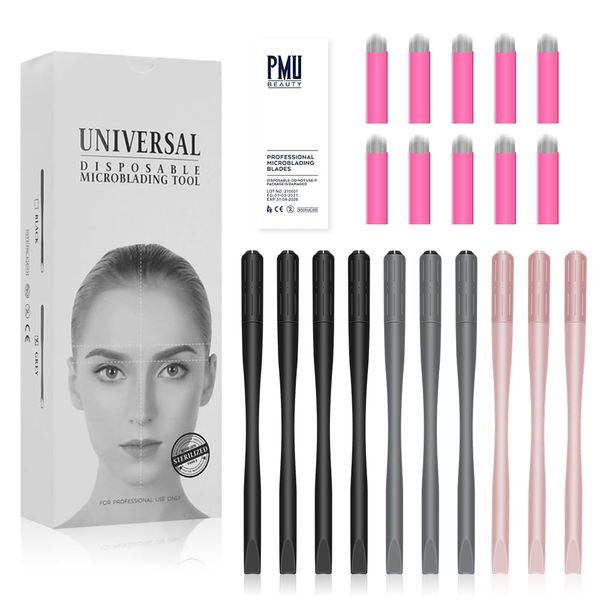 10Pcs Microblading Handles Disposable Manual Microblading Pen Holder with Nano 18 U Shaped Blade Pigment Sponge Sterilized Microblade Holder for Eyebrow Microblading Kit Professional