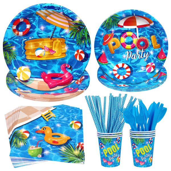 PHOGARY 93 PCS Summer Pool Party Supplies Tableware Set Serves 8, Pool Party Decorations Includes Pool Party Plates, Napkins, Straws, Spoons, Forks, Cups for Hawaii Beach Birthday Party Decorations