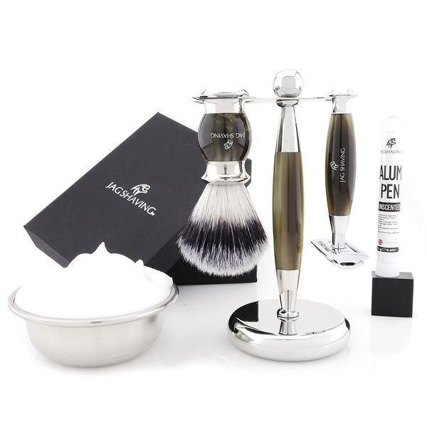 Jag Shaving Shaving Kit - 3 Piece Shaving Set - Jag's Lee Range -Double Edge Shaving Blade Shaving Razor - Synthetic Silvertip Shaving Brush - Elegant Shaving Stand - Green Horn Imitation