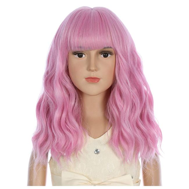 PATTNIUM Light Pink Wig Kids Short Wavy Wig Pink Wig with Bangs Girls Pink Wig Synthetic Wig Cosplay Costume Wig (Light Pink)