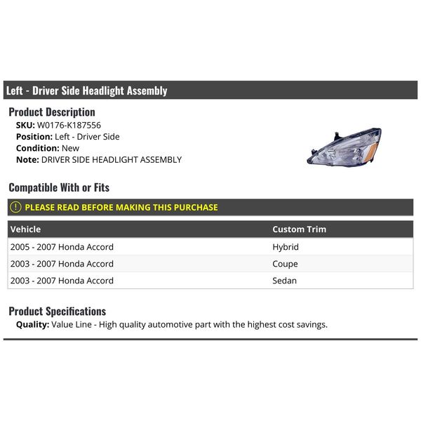 Left Driver Side Headlight Assembly - Compatible with 2003-2007 Honda Accord