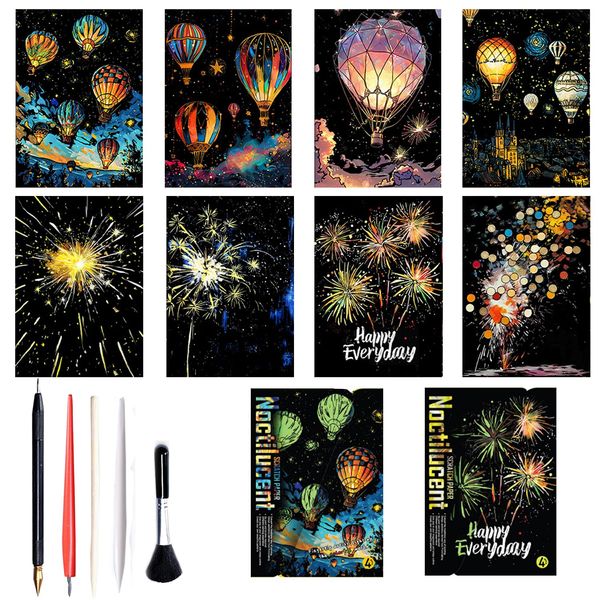 Georgie Porgy Kratzbilder Set DIY Bastelsets für Kinder Erwachsene Magic Rainbow A4 Kratzpapier für Weihnachten Geburtstagsgeschenk mit Kratzwerkzeuge Kit (Nachtleuchtend Feuerwerk+Heißluftballon)