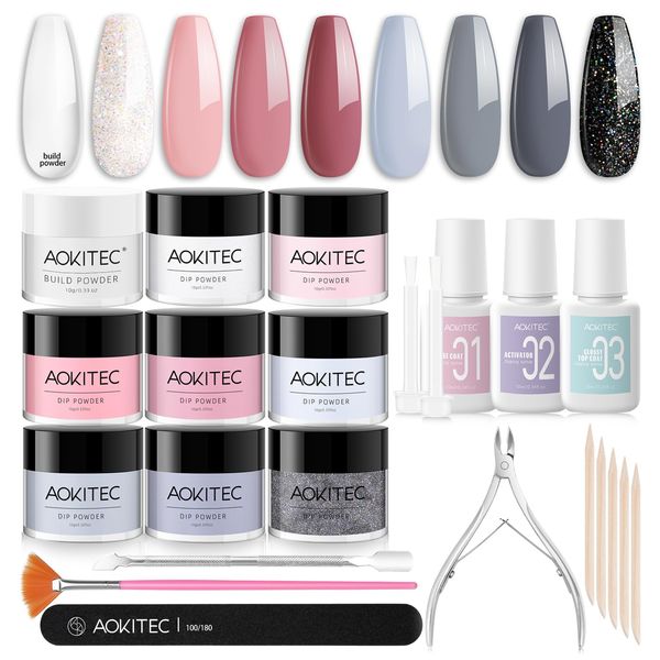 Aokitec 8+1 Colors Dip Powder Nail Kit - Dipping Powder Set with Dip Powder Liquid Dip Base Activator Top Coat Glitter Black Grey White Colors All-in-One Dip Nail Kit for French Nails